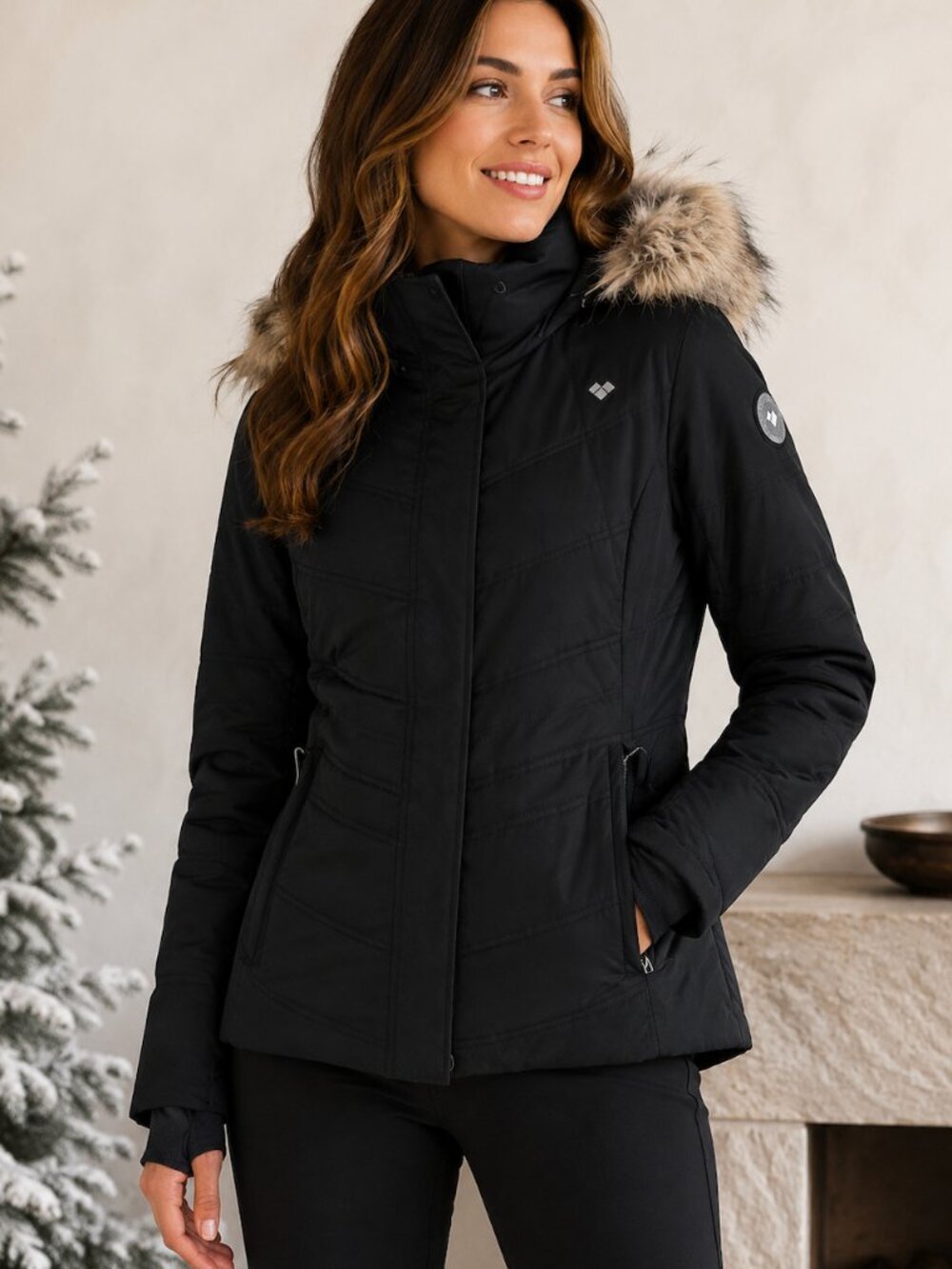 Obermeyer Thermore Insulated Ski Jacket Women's 12 Petite Black Faux Fur Hood